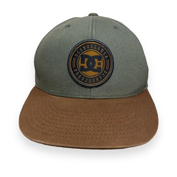 DC Shoe Flat Brim Cap Patch Logo Cotton Canvas Olive Green Brown Skater Men's - Picture 1 of 4
